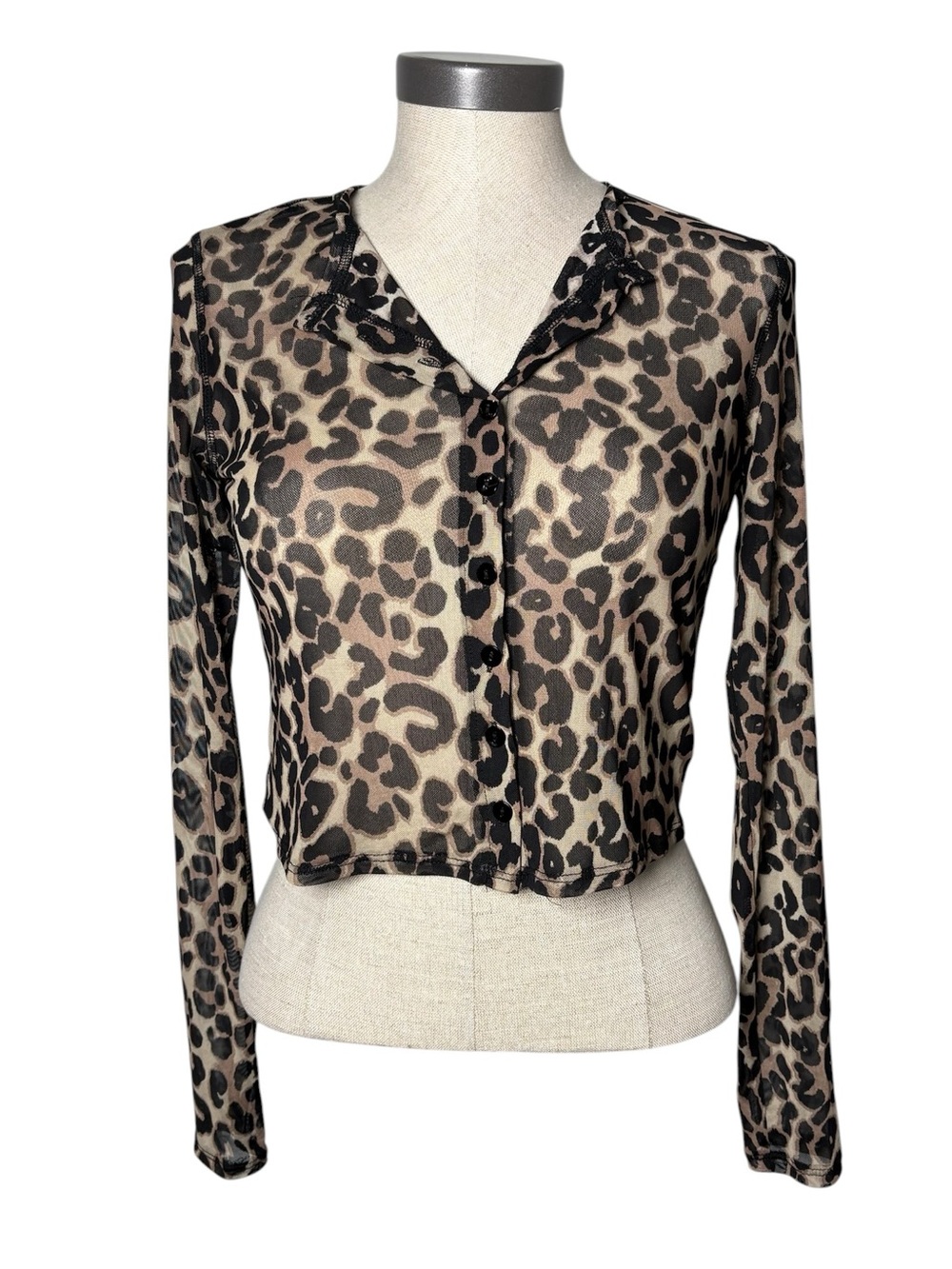 Wild Fable Leopard Mesh Cropped Cardigan Top XS Y2K Sheer Button Front